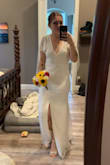 I love this dress! My measurements are true, I ordered a large because I'd rather it be too big than too small, it's only small in the chest area which I expected. Only minor alterations are needed there. Stretchy soft material. Beautiful open back. Low neckline but I don't feel like I'm falling out. 10/10! If you're between sizes like me- size up because minor alterations are better than major. - Christa C.