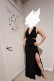 I really wanted to love this dress. I think the overall shape of the dress was very flattering on me and the v-neck and cutouts of the dress were really cute, but I just had a problem with the way they cut the bottom of the top piece. Looking at the model wearing the dress it's not very noticeable, but when I was trying on the dress the top portion of the dress had these pieces of fabric that looked like they were either cut awkwardly, or there was excess fabric that needed to be pinned. When I lift my arms in the dress those pieces of fabric lift off my mid-section and kind of flare outward in a not so flattering way. (Wish I could attach more pictures, to capture this, but I'll point it out).
Overall, this dress was actually really comfortable and probably would have been my pick if it wasn't for the awkward mid-section pieces. - Vic L.