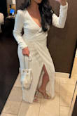 I wore this for a work awards dinner. The theme was jewel tones, and since I am a bride, I went with white to represent a diamond. I am most likely going to be wearing this for my rehearsal dinner because it is such a fabulous dress! I received so many compliments on it. Carefully select your shoes since it's long so that you have something that works with this material. Enjoy! - Justine H.