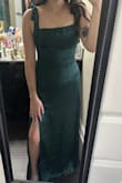 I ordered this dress pretty last minute for a friend's wedding and it got here in 3 days!! Not only that, but it fits SO well. Definitely need a little bit taller heel since I'm shorter, but I don't feel like I need it hemmed at all. I love how adjustable the tie straps are and the material is very nice and heavy. I didn't even have to wear a bra. Love it! (Please ignore the fact that it needs to be steamed in the picture.) - Samantha S.