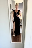 Got this for a Halloween masquerade ball. Loved it when I saw it online and loved it even more when I tried it on. The only minor issue is that I can't wear a bra with it because of the open back, but I'm going to work it out with tape. It's great quality and very flattering. I love the flowing skirt and the length. Just touched the floor with 3.5-inch heels, will ultimately wear shorter heels and don't mind that it will drag a bit as I wanted a long dress. The photo of the back is with a strapless bra. - Katie S.