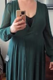 Love everything about the dress except the V-neck. It's very deep. Like down to the end of my sternum. There wasn't enough fabric to even pin the neckline, unfortunately. The black is my bra and even if I used boob tape it's way too much cleavage for me. I am crushed because I've never had a nice dress fit me like this everywhere else. Sadly, I have to return it. - Kaitlyn W.