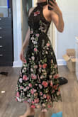 This is a great spring wedding dress look. I love the floral embroidery - it gives a nice pop of color. I usually get a Small, but with this dress, I got an XS. It's a little tight, but based on other reviews I was worried that the small would be too loose. Overall, I am happy with the fit. - Samantha C.