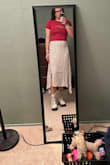 I love the side slits and asymmetrical cuts of this skirt! Being on the shorter side, maxi skirts tend to swallow me, leaving me just a column with no shape. This skirt provides flow and shape! It is a thin material but I just wore nude cheeky seamless underwear and it was fine. - Amanda Y.