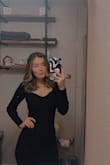 I am typically not a body-con dress person, however, this dress is so flattering. Bra straps can show so be mindful when wearing them. It runs true to size and is a good material where you are just comfortable, not hot or cold. - Catarina B.