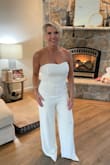 I am wearing this for my bridal shower! My MOH asked me to wear white and I wanted pants because it's in November. I can pair it with a blazer but I know when I get there, my nerves, etc will make me hot so I'll be able to be cooler with no jacket. It fits so great. EDIT - It was the perfect attire for the shower! My girls did a "cloud 9" theme and wore light blue.  Everyone complimented the outfit! - Jodi F.