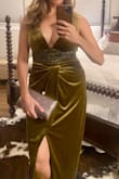 I got lots of compliments on this Dark Mustard Velvet Twist front dress. The color to me looks more on the green side than golden but it's still beautiful. If I had more time, I would have had the straps taken in some to avoid flashing anyone but I solved this issue by styling it with a belt which kept everything pulled down as well as some "boob glue". I'm 5'2 / 122 lbs and more on the athletic build side for reference. I wore a size small. The dress was a little long but was fine with 3-inch heels. I look forward to wearing this again someday or adding a sweater on top for the holidays. - Claudia P.