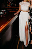 Perfect for my wedding reception! I loved the lace on the crop top. The skirt is so flattering! I put a sweater on at the end of the night, and it looked SO GOOD over the skirt! Perfect length with heels. I wore it with nipple covers, but a strapless bra with a thin band in the back would've worked, too. This set was so comfortable and looked great! - Emily M.
