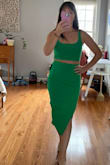This set is amazing. It cuts at just the right place on the belly and it's tight enough that I could probably go braless. The material is thick and looks more expensive than it is. So flattering and the color is super fun! I'm wearing it in Miami for my birthday. I can't wait to take it out on the town! - Sara L.