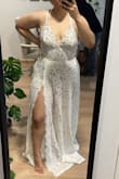 The dress is just beautiful and it fits great with my measurements. It is tight in the waist and loose on my hips. It is a little loose on my breast, but by tightening the cords, it is fine. It was a little bit long for me, but that can be solved as well. I just loved it. :) - Cristhell D.