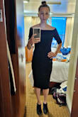 I absolutely love this dress! I wore on a cruise vacation and I felt so classy. I am usually a size small or even extra small in dresses but decided to order the medium, as other reviews suggested. The medium fit just perfectly, I was able to wear it with a strapless undergarment and nothing shows. The silicone on the shoulders helps hold the dress in place as well. The only negative review I have is the garment straps are white and stick out when the dress is worn, so I had to completely remove them. 
Seriously though, get this dress! You won't regret it. - Anna M.