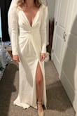 Bought this dress for my December wedding in the mountains! Material is very thick and stretchy. I ordered an XS, and it fit perfectly! Length was perfect as well. Not too long. I did have the sleeves taken in a bit, as they were a little baggy for me. - Karly G.