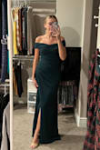 This dress is so elegant and beautiful! I wanted to wear it to a fall wedding but it was a bit too fancy. Very flattering and accentuates the neckline. Floor length & works great with 3 inch heels. It was a little snug in the back when zipping up, but I wouldn't size up. A little restricting in the arms, but that's normal with off-the-shoulder dresses like this. No bra needed. - Marla W.
