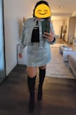 The jacket fits well. Although, I didn't like how the sleeves were "baggy", and I didn't realize how much glitter it sheds. I thought it was just the sequins that gave the outfit some shimmer. However, I loved the outfit! You can definitely pair the jacket and skirt with different outfits! - Mai V.