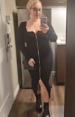 I love that this zips from both the top and bottom so you can unzip for a little extra cleavage up top! The fabric is nice and thick; it is the perfect sexy winter dress. I paired it with chunky boots, and it would look great with my fleece-lined tights, as well, on colder nights. It fits TTS and was a good midi length on me, even though I'm pretty short. I'm 4'11", 155lbs wearing a medium. - Whitney F.
