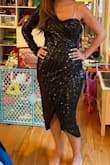 This dress is so beautiful. It's good quality, comfortable, and super stylish. The sequins make it dressy and elegant. So does the midi length and asymmetrical hemline. I ordered a medium and it was stretched out. You can tell someone bigger had tried it on and stretched it out so Lulus is sending me a replacement without issue. Love their clothes and their customer service. Highly recommend! - Marline K.