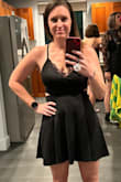 I wore this dress for a Bachelorette party, and it was so incredibly comfortable. The dress is adorable, and luckily I'm on the shorter side, so the dress hit mid thigh. I wasn't worried about flashing anyone on accident. The combination of the lace detail on the top and cutouts makes this perfect for any occasion, as you can dress it up or down depending on how you accessorize. The only challenge with this is getting the zipper for the top zipped up, as I needed a friend to do that. Overall, loved this dress and will 100% wear it again in the future. - Kim J.
