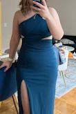 I loved the quality of the fabric and the color! Just as described and pictured as the image product. If you like a tighter-fitting dress, this one is great (more bodycon). Fit very well and will be wearing it to a gala/ball event! The blue is slightly lighter in person/daytime. - Justine W.