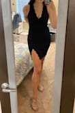 Super cute neckline and slit pattern. Also, I love that you can wear it with a regular bra. The material is thick and not see-through at all. Originally purchased as an option for a holiday party but chose a different dress, however, it will be staying in my closet to be worn at a future event. - Amy M.