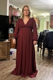 I bought this dress for a formal winter wedding. It's beautiful and fits great. It hides the stomach area and shows just enough back to look a little sexy and still be modest. The price was very reasonable. Cons: the zipper isn't the greatest and was getting stuck where the fabric gathers across the rib cage. I had to change it out. Other than that, I got a really good buy. - Dana C.