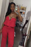 This jumpsuit is simple yet eye-catching. It dips enough to make the bust bustier. It hid my post-pregnancy pooch. Received dozens of compliments. The red is definitely the color to grab attention. Its versatility has allowed me to wear it on multiple occasions. - Iris A.
