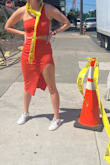 I loved the two-piece design and have worn the top by itself. The color is so fun and bright! Fitted but not too tight. Between the slit and the one shoulder, a lot of skin is out there, but perfect for a hot day. - Julie O.