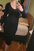 I love this dress. The thicker ribbed material made it warm enough for 50s and rainy weather. The zipper detail up the back is awesome! I could probably size down 1 because it's super stretchy but the underarm area would be way to snug. I'm broader in that area so my Small works perfectly. A medium for me would be too big and the dress would be wearing me. - Tiffani T.