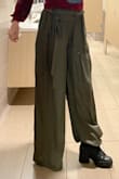 I love the muted green olive color and the flow. However, the model is wearing a medium heel and the pants look like a normal length on her. With my 4" high combat boots these cover the boots and touch the floor. Climbing stairs IS an accident waiting to happen. I could hem them for the spring. I'm usually a L but ordered a M based on reviews. - Renee M.