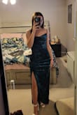 I purchased this dress for a wedding this coming February and I'm obsessed with it! It accentuates my features perfectly, which can be difficult to find as a petite/flat-chested woman. I ordered an XS. It's a little tight around the stomach, but some shapewear can fix that. It's also pretty long, but the heels I'm wearing in this pic make it the perfect length for me. Despite these two things, I wouldn't have gone with a different size because anything bigger would've likely caused some gapping in my chest area. Also, adjustable straps! - Jillian Z.