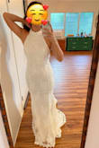 I cannot say enough good things about this dress. It is so stunning in real life, and the quality is very nice. So much so that I was shocked it's not part of the Luxe line. The silhouette is so flattering. The floral details are beautiful. The train is just... I can't even explain. Look at the pics. If I were having a traditional wedding I definitely would've chosen this dress, but because we are having a beach elopement, it felt like too much dress (too long of a train, too heavy of materials). But if you are even considering this dress, buy it! Worst case you can always return it, but if it fits your style, I am almost certain you'll love it. I may have even just talked myself into keeping lol. Who says I can't be fancy on a beach? - Stacey S.