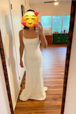 This dress is *chef's kiss*. So timeless, elegant, classy, beautiful, flattering. My only real issue is that I don't like the spaghetti straps + square neck combo, but if that doesn't bother you, buy this dress! It feels amazing on (soft, stretchy, nice weight to the material), has a beautiful train, nice scoop back. Truly an amazing dress for the price. The front seams are very flattering. Fit like a glove, and I didn't feel like I needed any shapewear underneath. - Stacey S.