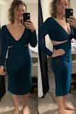 I ordered this dress for a wedding. Opted not to wear it for the wedding, but I'm keeping it for a night out dress because I love it. It's more blue than teal in person. If I'd been able to try this on in person I might have opted for an XL over a Large. It felt like the back needed to come down just a bit farther in my back, but the large fit ok (pictured).  I ordered a large at 5'11, 180lbs, 36DD, 33inch waist, and 39 inch - Terray K.