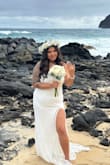 I love this beautiful, lace dress! Fit perfectly for my beach elopement and looked so pretty in pictures. The train and slit were a perfect length.  My husband loved it on me.
I'd love to get it hemmed so I'd be able to use it again and again. - Mae L.