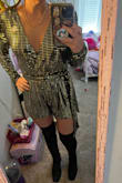 I am 5'2 and 130lbs&fits perfectly! Super shiny and sparkly! I am wearing this to a NYE party this weekend with the boots..
Only negative would be the button on the back as it is difficult to button so I already know going to the restroom is going to require help =B - Stacey P.