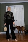 Loved these and got so many compliments at a fancy NYE party. Comfortable and snug (I'm between a M-L) but just right. Loved the feather detail just beautiful.
The photo was me trying to decide my clutch choice and my dog photobombed. - Dana D.