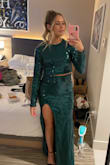 This set is gorgeous! It looks exactly like the picture and is super high quality! I wore this for a green and gold themed New Year's party and got tons of compliments on it. The sizing is perfect. I was worried the waist would be tight and restricting, but it is super comfortable. The skirt makes the booty look amazing. The top has a built-in bra which was a convenient surprise! I also loved that it wasn't super cropped. You will not regret ordering this! - Kiana H.