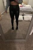 These leggings are so adorable!! I really wanted that liquid look without the sticky or the heavily lined. These are them!! They are super long so for you tall babes, these will work!!! Since I'm only 5ft tall, I had to hem at least 5 in off! Lmao!! I wear a medium in most things and these are TTS! I've lost a little weight but I couldn't size down because the legs would be just too tight. - Devi L.