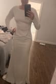 Gorgeous style, but the fabric is very thin and the dress is sheer. Too short-waisted for this long torso girlie. Photos are screen grabs from a video attempting to show the fabric pulling and how sheer it is. Might be a great fit for someone with a straighter/more narrow body type! - Julia