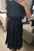 I travel a fair amount for work and hate packing pants, shirts, and jackets. Dresses are so much easier and lightweight when I'm going across the country for only a couple of nights. This dress was on sale in the Navy and although it wasn't my first choice for colour, I chanced it and read very pleased. The elasticized waist is friendly for any body shape. Sits more like an empire line. The chest area on the medium is adequate for 34D and has room. This is going to be excellent to travel on airplanes with and then head right to meetings. It was a solid buy. - Tracie R.