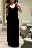 PROS: This dress is amazing on the waist and has a super-flattering fabric. So many of the other dresses had fully exposed backs, but if you're like me, and you have some rolls by your bra line, this smoothes and flatters like no other. CHALLENGES: Not a lot of space for boobs. The seam went across mine instead of under, but it was in a dark color and stretchy, so it was fine. The straps, although adjustable, are in the stretchy velvet fabric, and weren't strong enough to hold the dress. It also looked odd having a double strap because it didn't lay neatly on top of each other. Because I'm 5'1, and I needed the straps to stay tight, I ended up sewing the two layers of the strap together. This helped a LOT. I also used a single clear strap behind my neck to secure the two straps together. (This came loose once during the night, and had I not had it, I would have been falling out.) - Jennifer C.