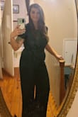 I was worried how this would look because I have a belly after two kids. It hides my stomach well, makes my waist look small, and my butt look great if I do say so myself. It is tight in spots such as the sleeves and a little in my mid section. It's also very difficult to zip up and unzip by yourself. Its forest green but looks gray in certain lighting. I plan on wearing this to a January wedding as well as my college graduation in May. Overall, very happy with my purchase. - Krista M.