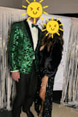 Love the dress. I will say the fabric is black velvet-ish. The sequins are green/blue iridescent. Depending on the light, you will see the color.  I wished it was more green, but still a beautiful dress.  I ordered a large and the fabric has some stretch. I could have downsized to a medium for a more fitted fit around my waist. I stayed with the large, due to my chest size. This is my second year finding my Mardi Gras Ball dress at Lulu's. I tried cheaper dresses elsewhere, but Lulu's quality for the price keeps me coming back. - Linda S.