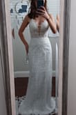 I bought this dress for my wedding because I loved the picture on the website. I thought I'd have to have it altered but it fit perfectly just slightly too long. It looks just like the image on the website. The material is light and not heavy. - Victoria A.