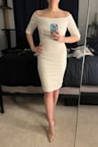 Gorgeous, sleek, simple dress. Flattering fit and the fabric is thick and comfortable. Cons: The hanger straps are sewn into a place that makes them super difficult to hide. I kept having to tuck them in to take pics. Even with the constant tucking, you can still sorta see one peeking out in the front-facing pic I shared (if you zoom in). Additionally, I knew when ordering that it did not have a built-in bra, but I decided to give it a go regardless. Upon trying it on, I really feel this dress would be so much better with some built-in structure for the bust. Given how the fabric hugs and follows every contour, it is super difficult to get a seamless look when wearing a strapless with it. Even despite the minor caveats above, I was *this close* to choosing this as my dress for our courthouse ceremony (woulda tried to make sticky boobs work and cut off the hanger straps). In the end, my mom's desperate wish to have me wear a floor-length dress won out (she's a real effective guilt-tripper lol). - Jen H.