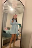 The material is very soft and comfortable, the blue color is so pretty! I bought it for a photo shoot, going for a refreshing next-door girl look, and it absolutely delivers! You might find the upper part is a little loose, but I kinda like that fit, I wouldn't size down - Jess Z.
