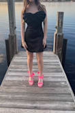 My daughter wore this to her school dance. She received so many compliments. The bow detail is absolutely perfect and the material was so nice. The waist was very tight but made her look so slim. I will say anyone taller than 5'2" would probably not be able to pull this off. My daughter is 5'1" & couldn't bend over without exposing her underwear. It's such a cute dress for the under 16 petite crowd. - Carrie M.