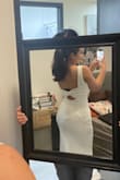 At first glance, this dress looked like it wouldn't fit me, but it fit like a glove. I'll have to find a bra that doesn't show the outline, but honestly might just go braless with nipple covers because that's how good it supports (I have 34DD girls). The bottom is of course big but a wedding dress will always kind of do that so be weary. I wasn't wearing my heels in the pic so it definitely would help. I am IN LOVE though. The quality gives off "bridal boutique wedding dress" for a more affordable price. - Michelle T.