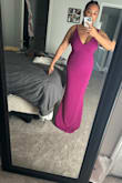 This dress is so flattering. I am 5'2'', Athletic build. 135 lbs. 36D. The color is gorgeous. Not too heavy. It is also lined. I did have to take it up a bit and bring the shoulder straps up. Now it's perfect. - Carolyn C.