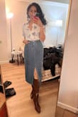 Loved the skirt, I had been looking for a good denim skirt for some time. However, the skirt does give you a protruding belly kinda look where the front zipper is (thankfully, I dont have a fat lower abdomen). A few alterations and I can get rid of that look. - Ruchika D.