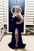 Good quality material with lining! The length was a little long on me (I am 4'11). I didn't have time to hem it, but with kitten heels, I didn't have a problem dancing. I didn't wear a bra although some double sided tape would've probably helped in retrospect with the sides. Loved the high thigh slit and the navy color. Classy and sassy! - Dana S.